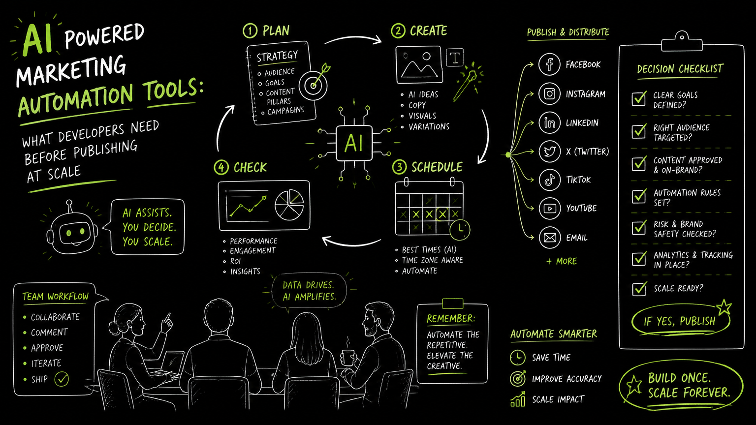 A technical checklist for AI-powered marketing automation tools, with items like 'Integration capabilities,' 'Scalability,' and 'Data privacy compliance' visible.