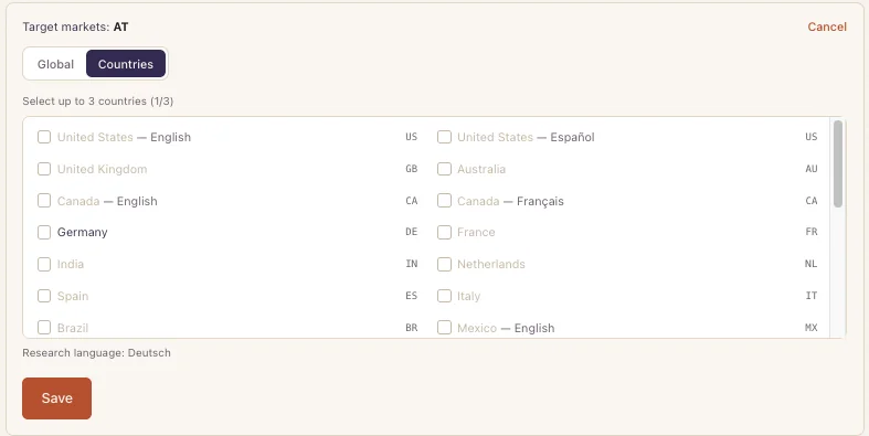 PostKing Target markets picker in Countries mode with Austria selected and Research language: Deutsch shown at the bottom