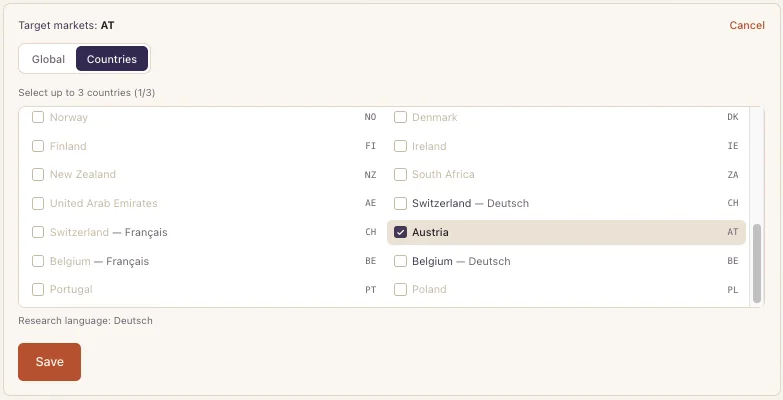 PostKing Target markets picker showing country-and-language pairs like United States - English, United States - Español, Canada - English, Canada - Français