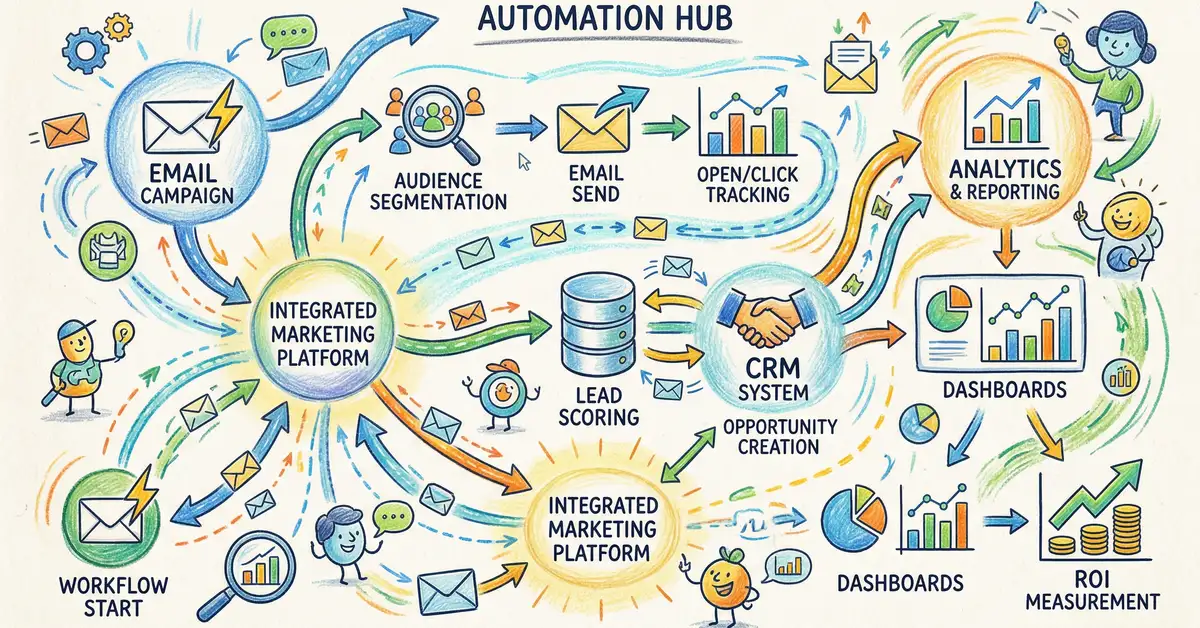 A diagram illustrating the workflow of an AI marketing automation system, showing data input, AI processing, and various marketing outputs.