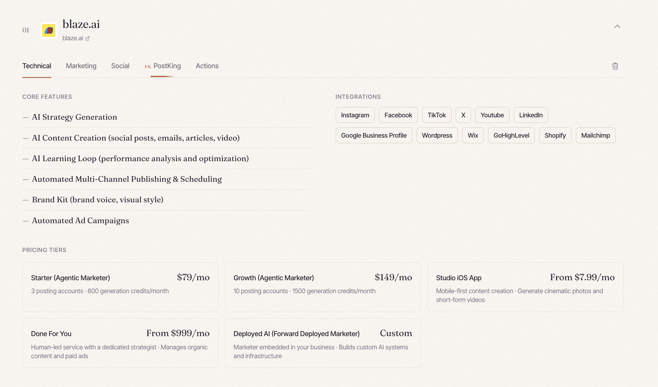 Competitor Technical tab showing core features and integrations for a tracked competitor