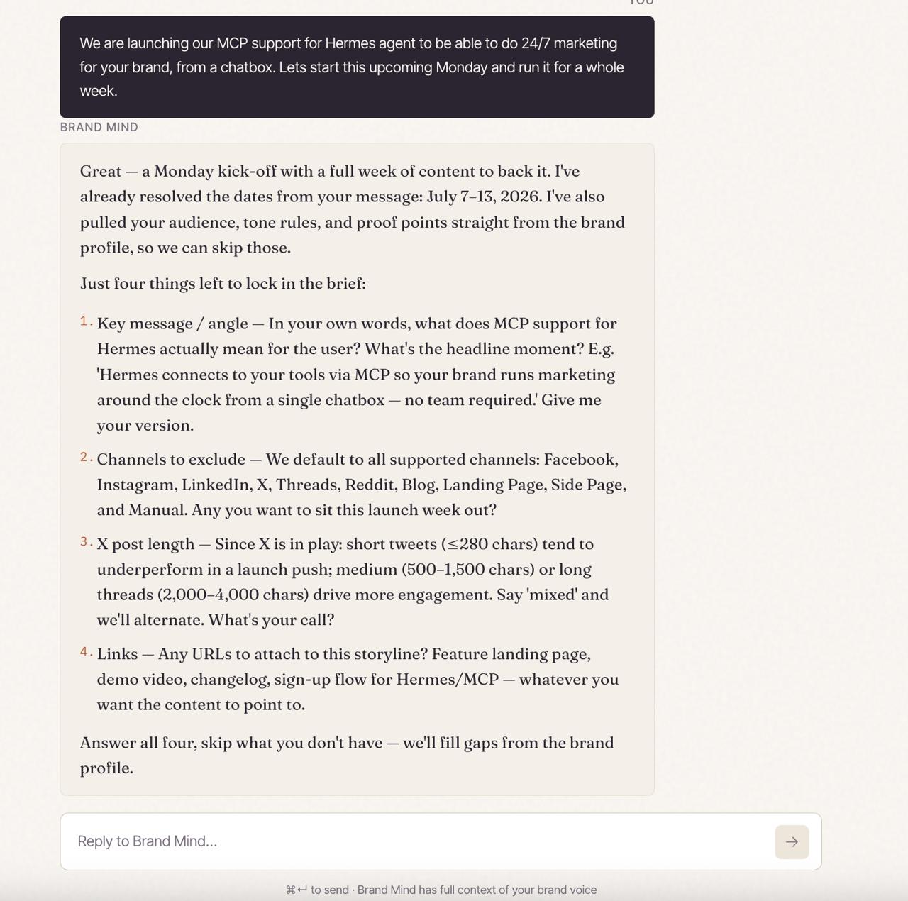 Brand Mind chat interface showing structured briefing and four locked-in questions