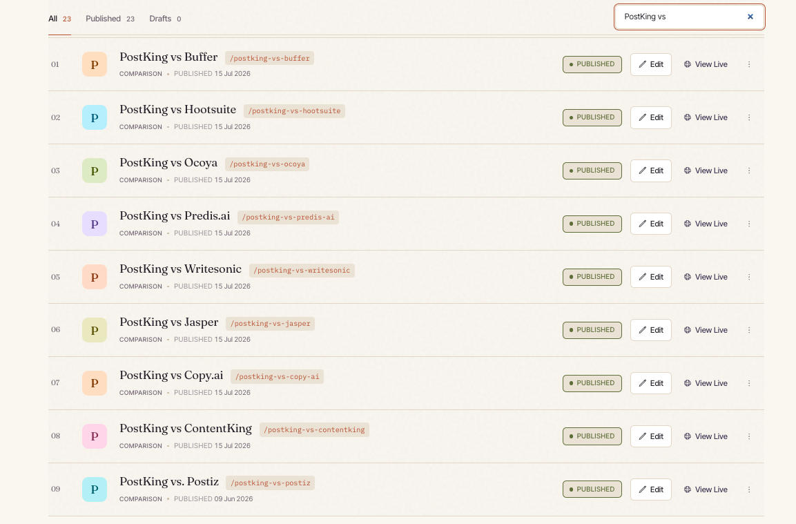 PostKing's comparison pages list, filtered to PostKing vs, showing nine published pages each with Edit and View Live links.