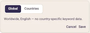 PostKing Target markets picker in Global mode, showing the note: Worldwide, English - no country-specific keyword data