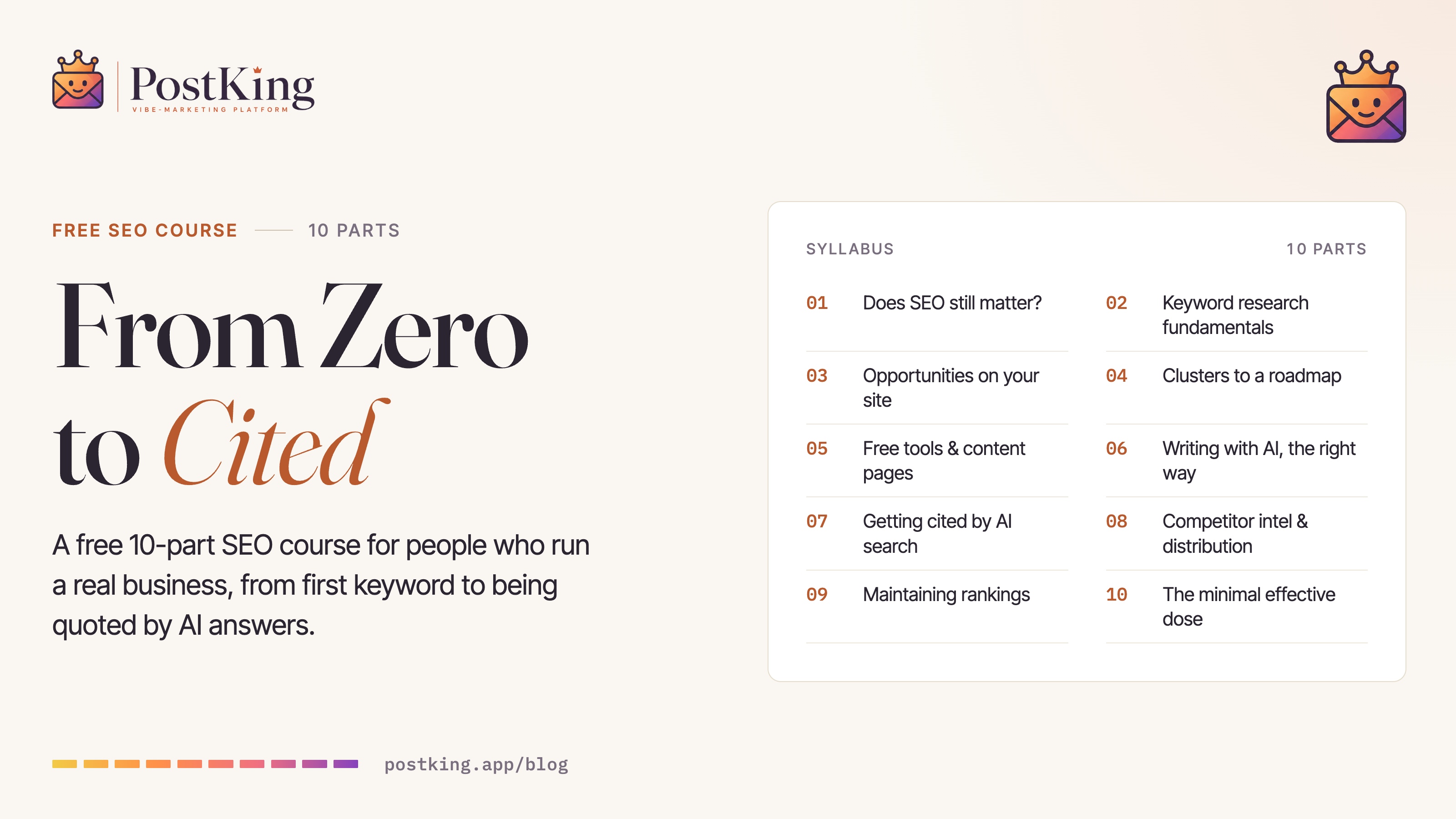 From Zero to Cited: The Free SEO Course. The course syllabus listing all ten parts.
