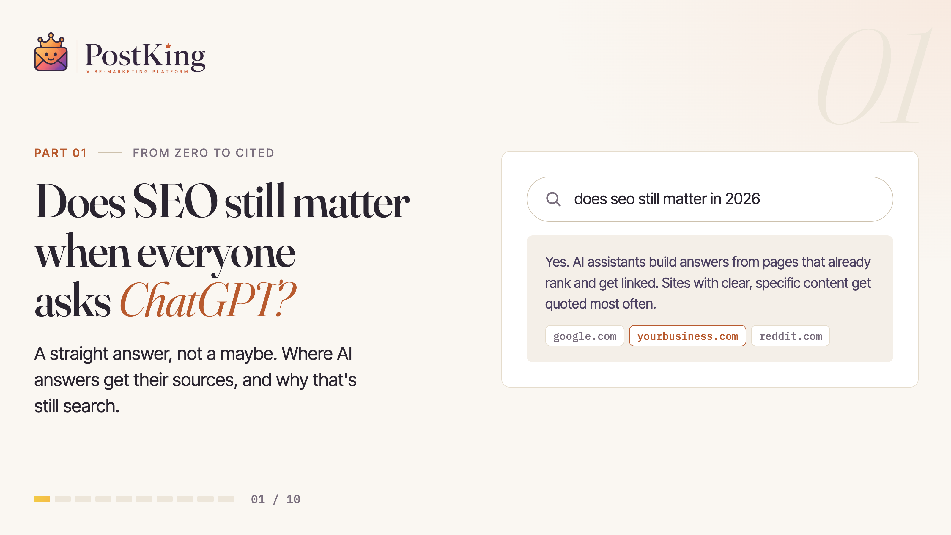From Zero to Cited, Part 1: Does SEO still matter when everyone asks ChatGPT? A search box and an AI answer citing a business website.