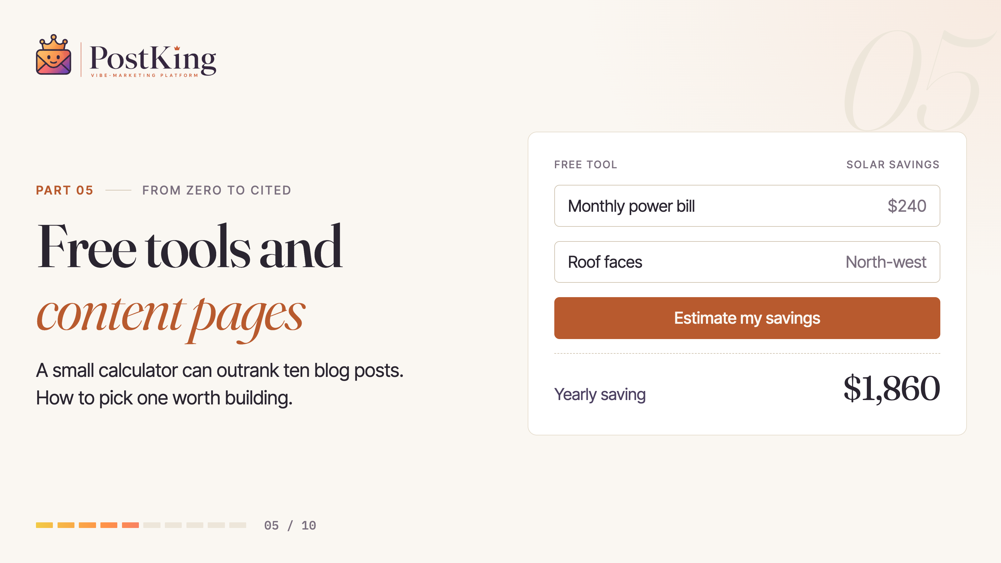 From Zero to Cited, Part 5: Free Tools and Content Pages. A free savings-calculator tool with inputs and a result.
