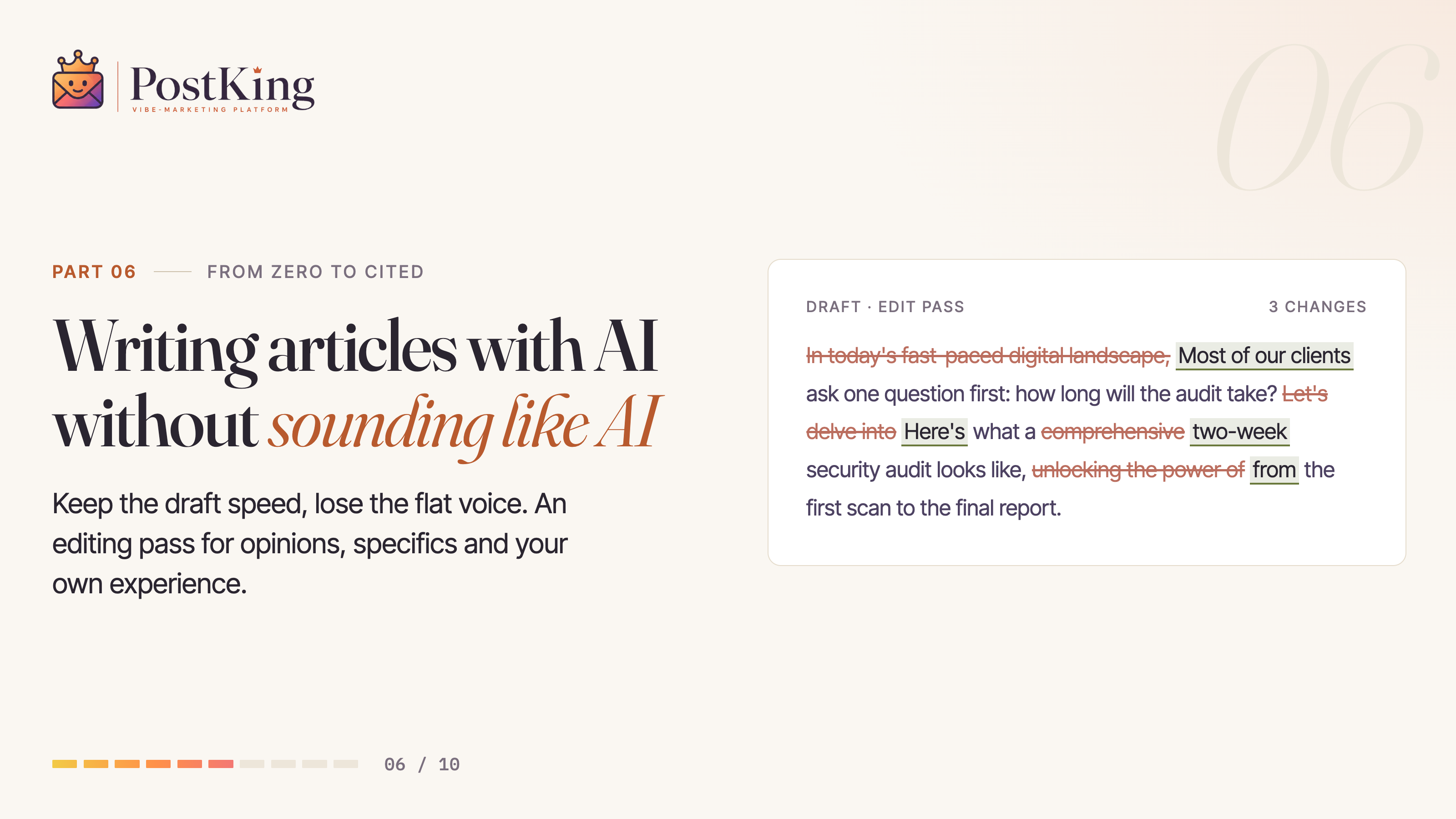 From Zero to Cited, Part 6: Writing Articles With AI Without Sounding Like AI. An AI draft with generic phrases struck out and specific ones added.