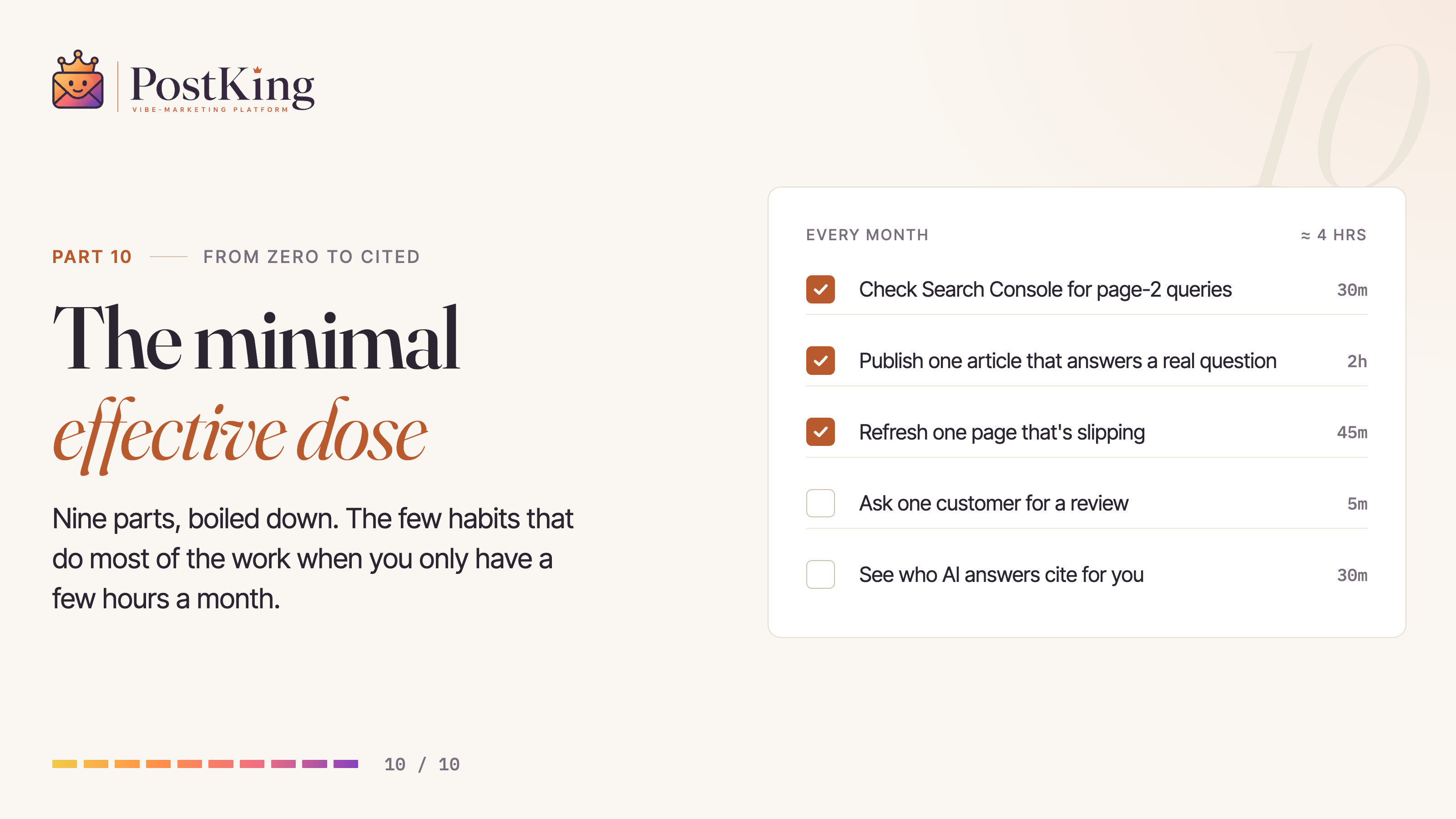 From Zero to Cited, Part 10: The Minimal Effective Dose. A monthly SEO checklist with time estimates.