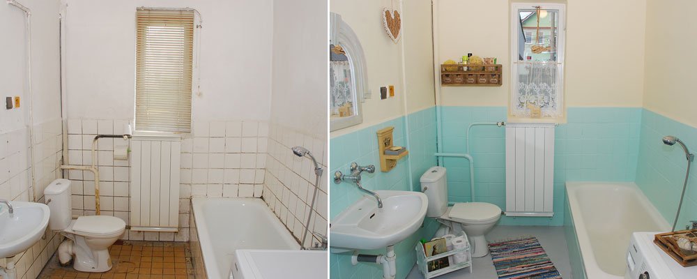 Detailní záběr na nově zrekonstruovanou koupelnu s moderními obklady, bílou vanou a lesklými chromovými bateriemi.